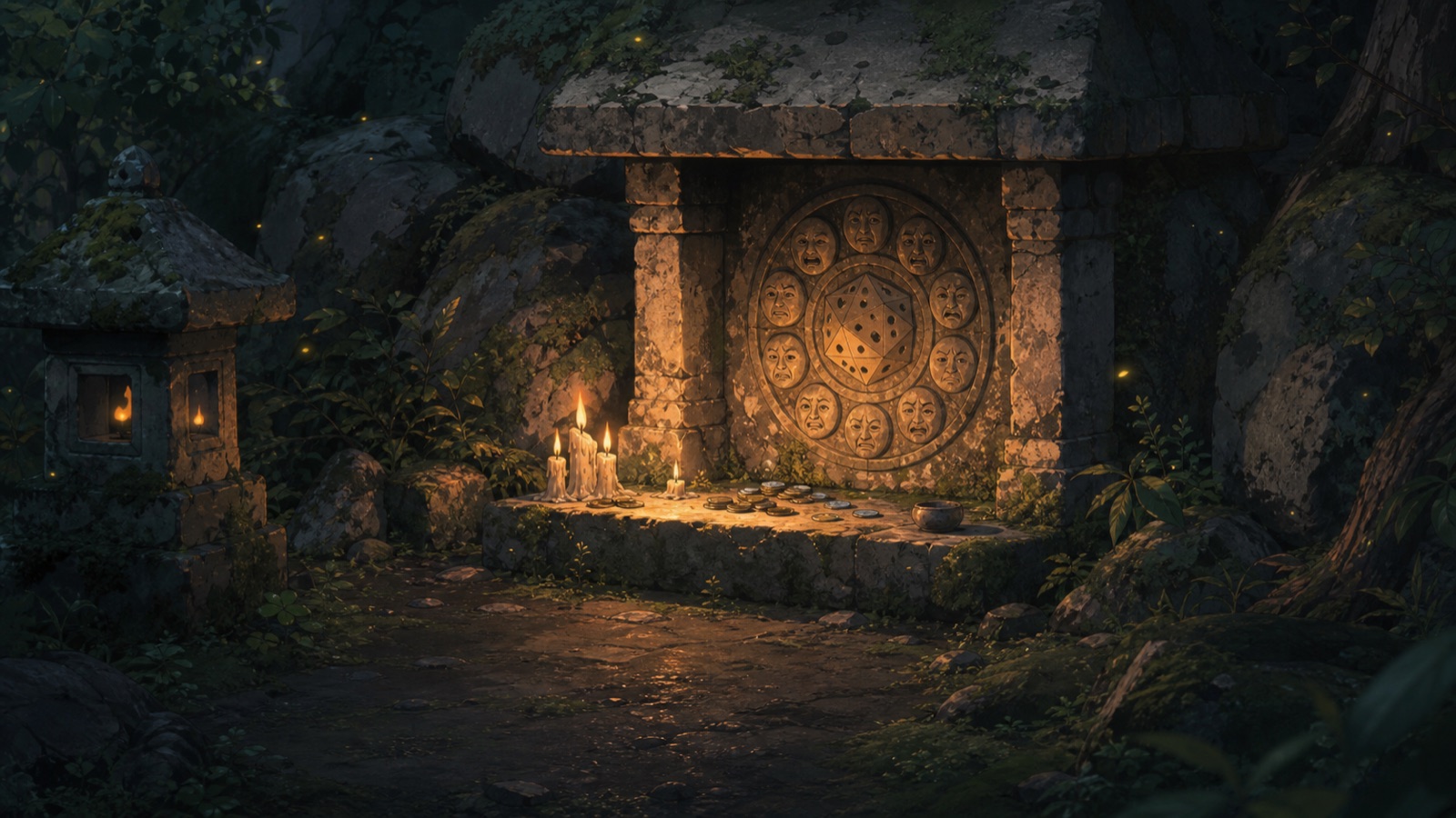 A candlelit dice shrine — scene art from D13
